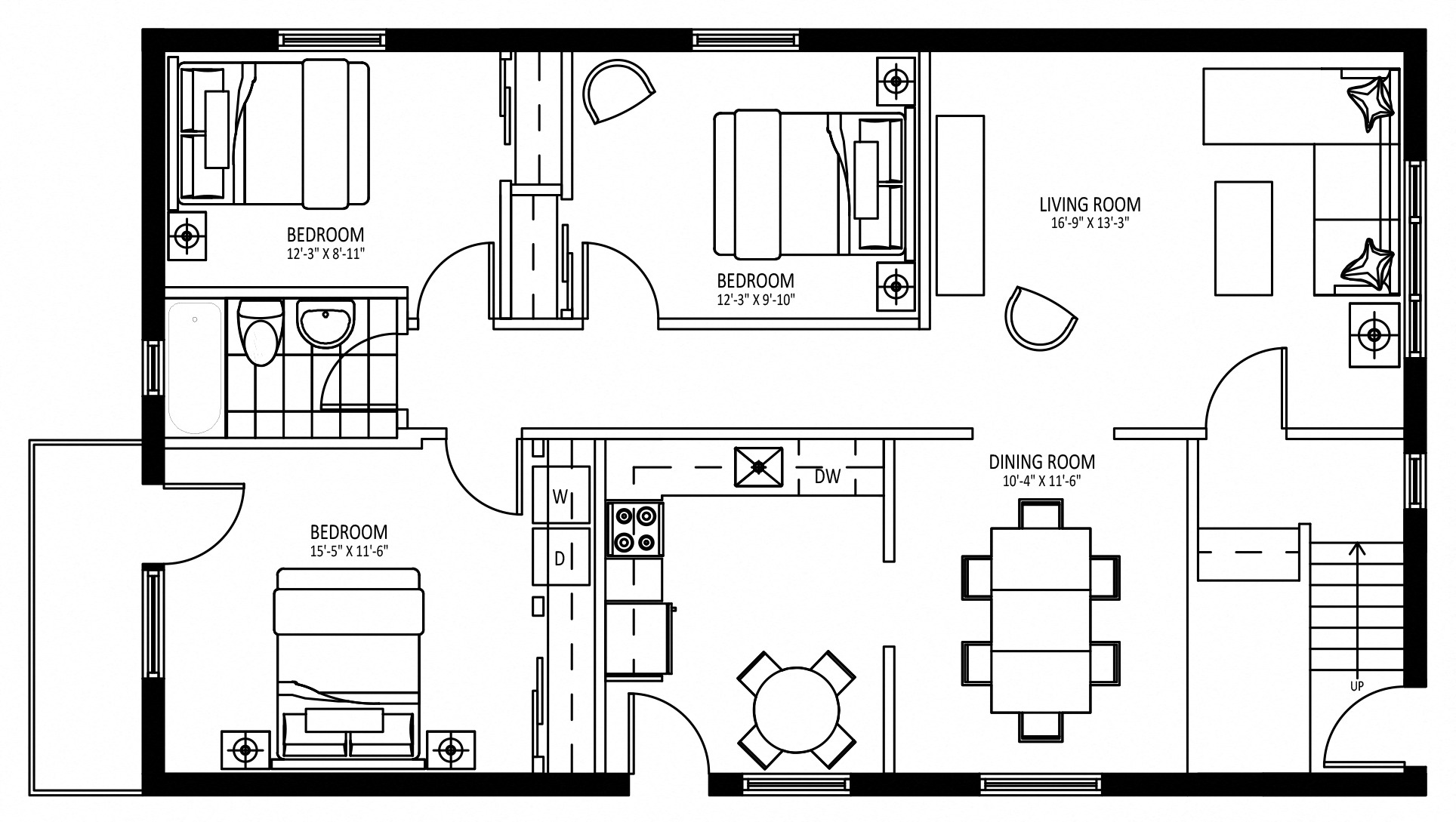 Floor plan for 3 beds, 1 bath